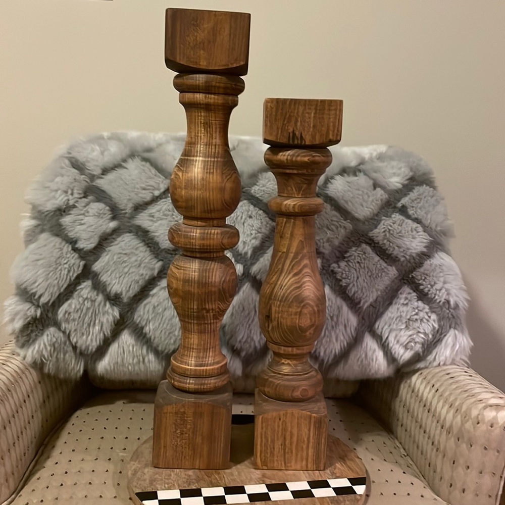 Beautiful hand-turned wooden pair of candle sticks